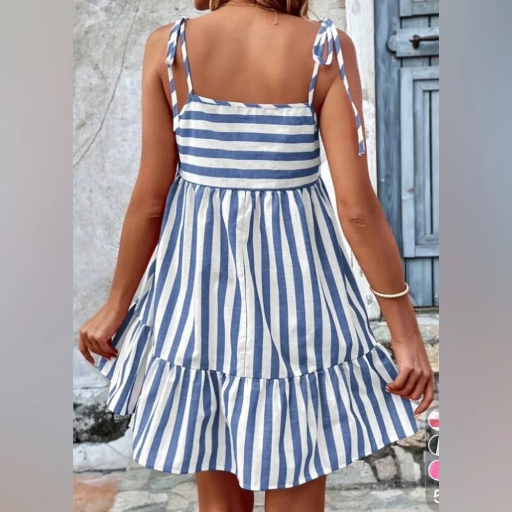 Tied sleeve striped pink white mini smock dress boho preppy - Picture 3 of 3